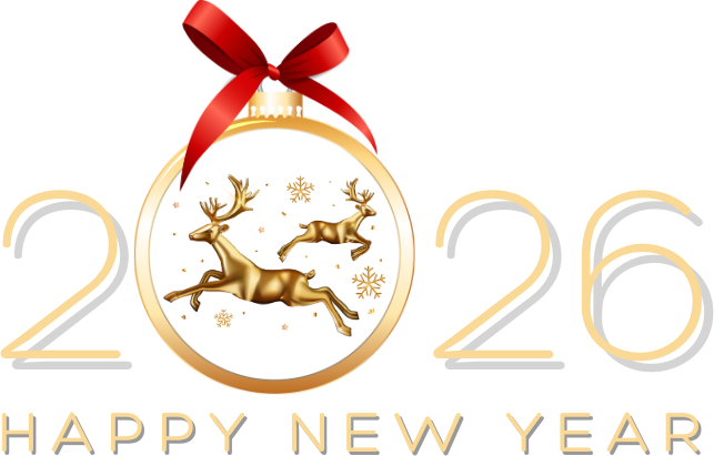 Gold number 2026 with the zero replaced by a Christmas ornament containing two golden reindeer and a red ribbon, with Happy New Year text below.