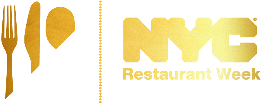Golden fork, knife, and spoon icon next to gold text reading 'NYC Restaurant Week'.