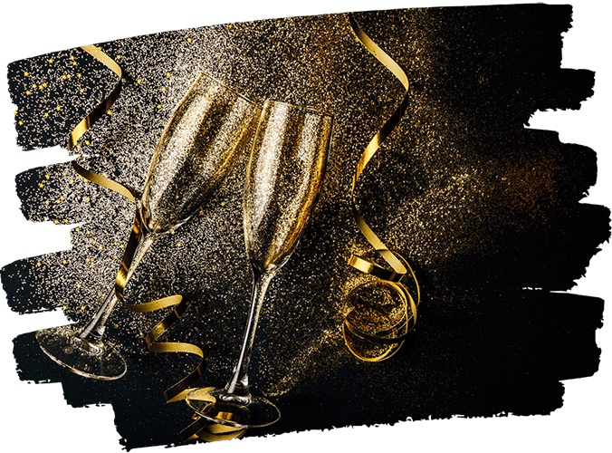 Two champagne flutes clinking together surrounded by golden confetti and ribbon on a black background.