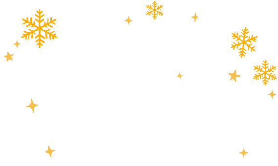 White script text saying 'Merry Christmas' with surrounding gold snowflakes and stars on a black background.